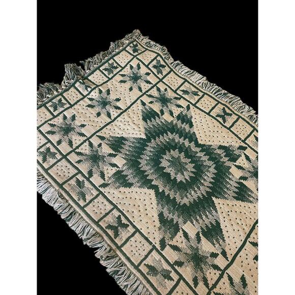 Green White Rug Scatter Dhurrie Star Quilt Pattern Amish Country Look 22"x38" - Picture 7 of 12
